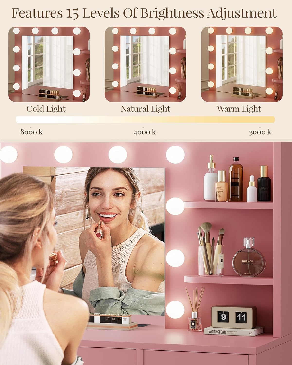 Vanity with Lights, Makeup Vanity with Mirror, 3 Lighting Modes, for Bedroom, Pink by Boahaus