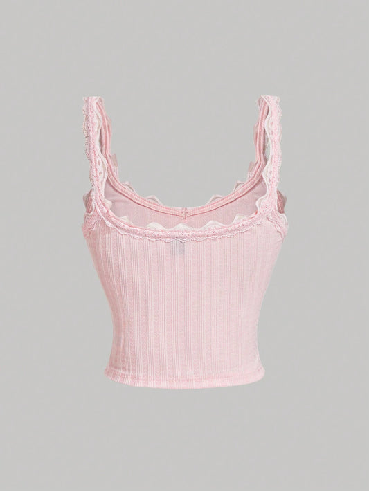 MOD Cute Pink Tank Top with Pleated Lace Patchwork Bow, Singlet, Pink Tank Top, Fall Outfit, Bow Top, Cute School Top, Back to School Top