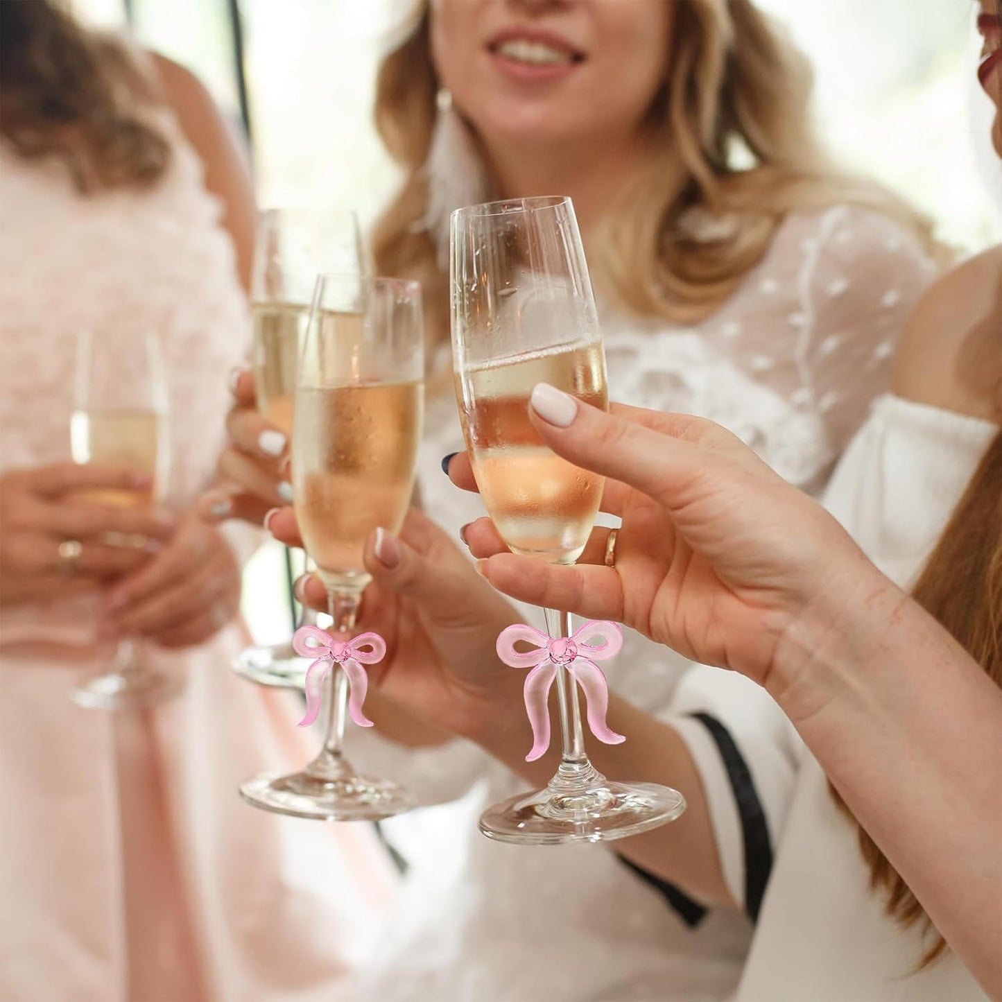 Pink Bow Champagne Glasses Set of 2 Toasting Champagne Flutes Clear Glass Cocktail Wine Cups for Home Bar Wedding Bridal Shower Bachelorette Party