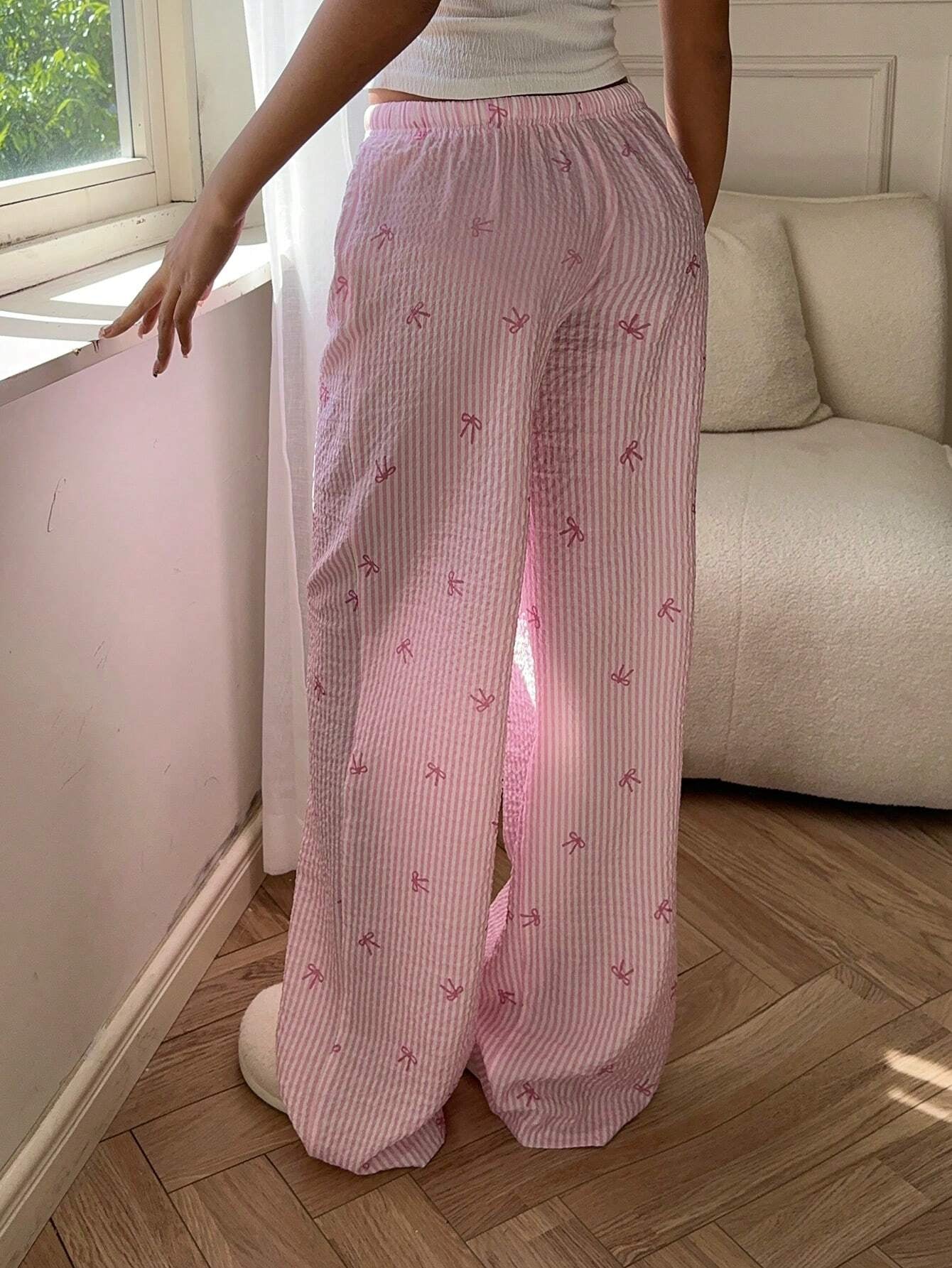 Aloruh Elegant Low Waist Sexy Out Comfortable Trousers, Bow Striped Print Versatile Long Pants