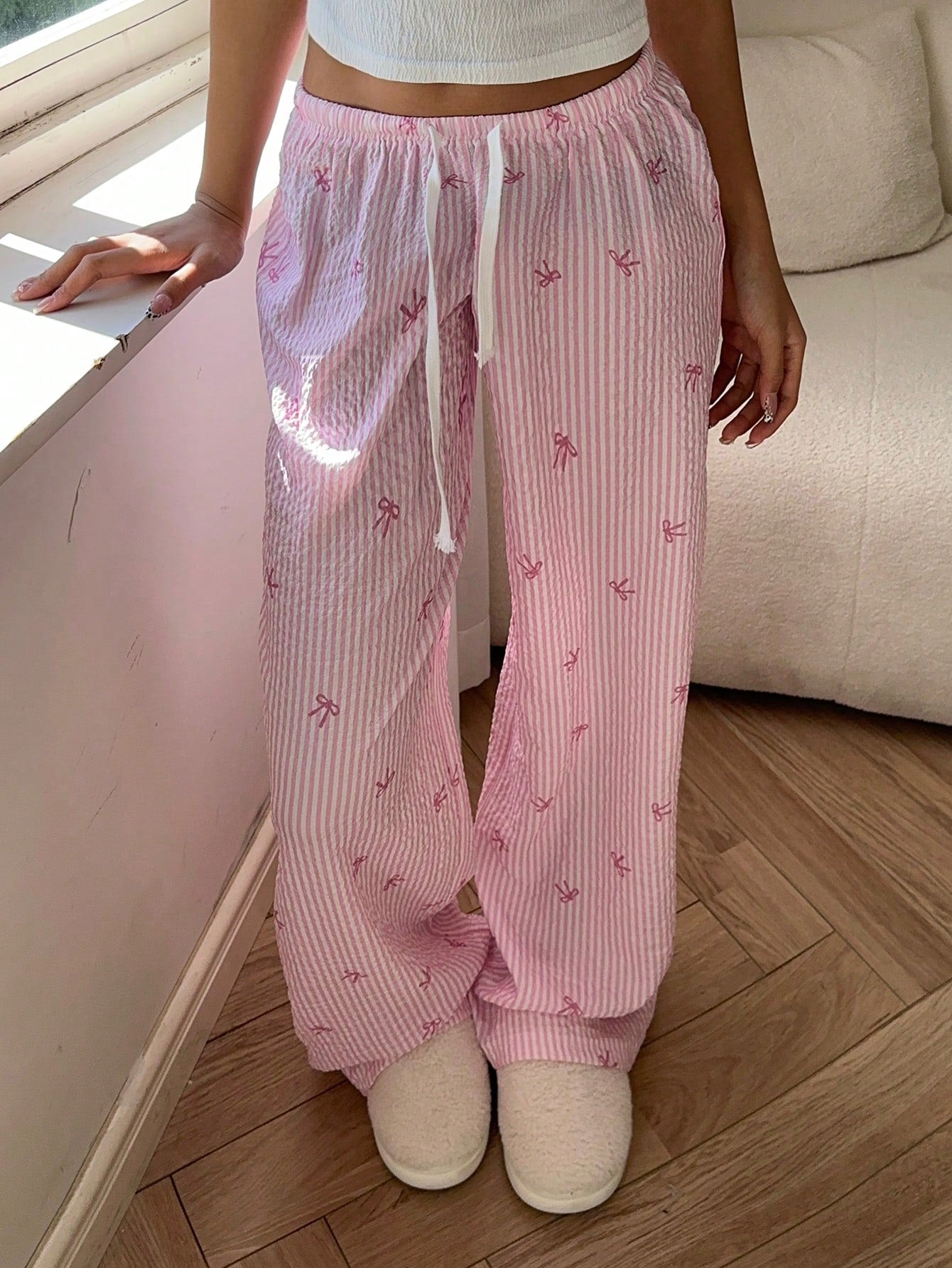 Aloruh Elegant Low Waist Sexy Out Comfortable Trousers, Bow Striped Print Versatile Long Pants