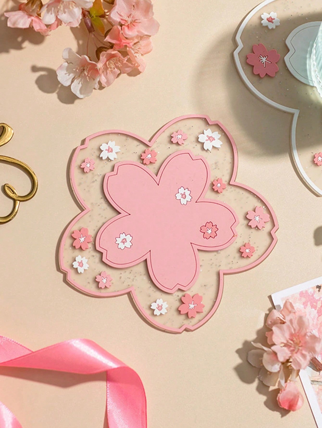 2Pcs Cherry Blossom Silicone Cup Coaster PVC Dining Table Mat Heat Insulation Pad Bowl Pad