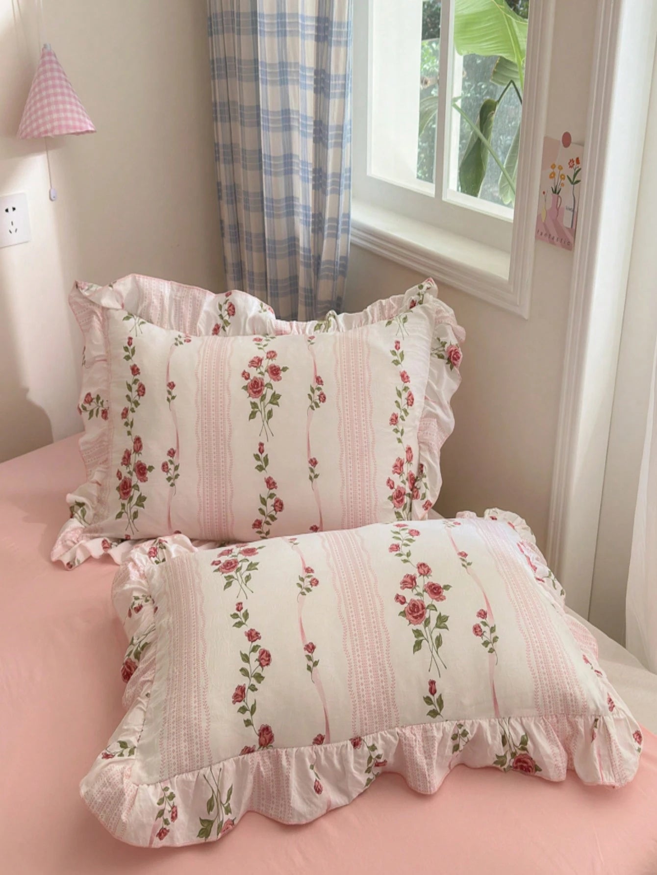 4 Pieces Bedding Set Including 1 Duvet Cover, 1 Bed Sheet, 2 Pillowcases (Inner Not Included), Korean Style Lace Washed Fabric