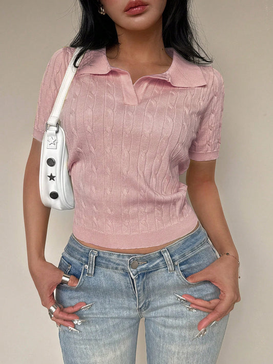Flirla Casual Twist Rope Polo Collar Solid Color Short Sleeve Knit Top