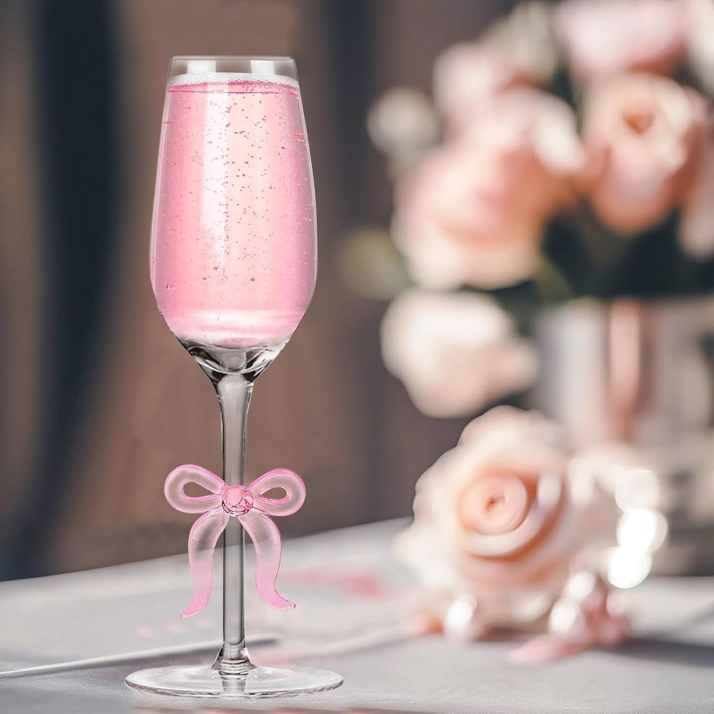 Pink Bow Champagne Glasses Set of 2 Toasting Champagne Flutes Clear Glass Cocktail Wine Cups for Home Bar Wedding Bridal Shower Bachelorette Party