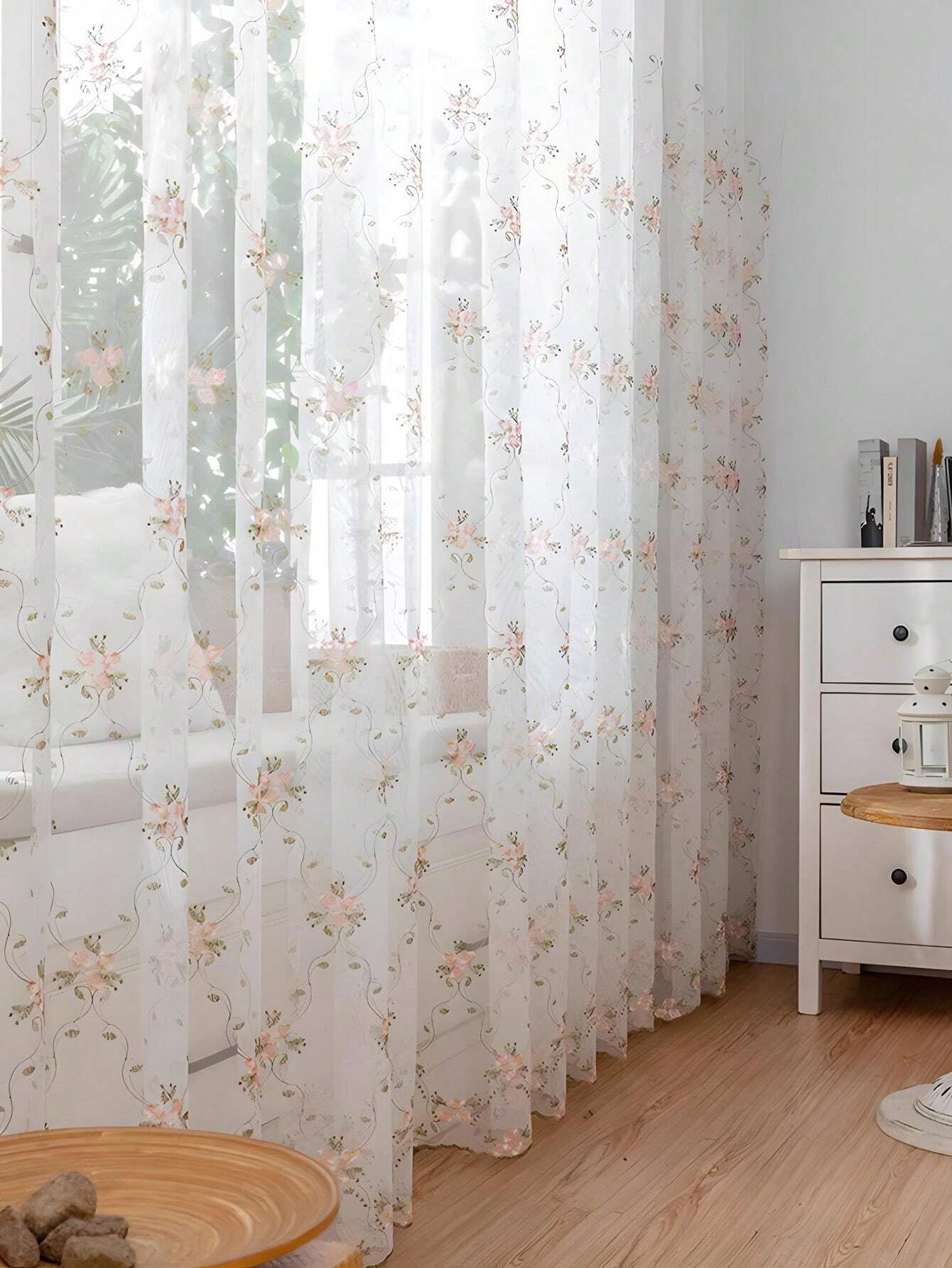 1Pc Pastoral Little Pink Flower Embroidery Sheer Curtains for Daughters Bedroom Vintage Floral Lace Voile Drapes Window Treatment Nursery Decor