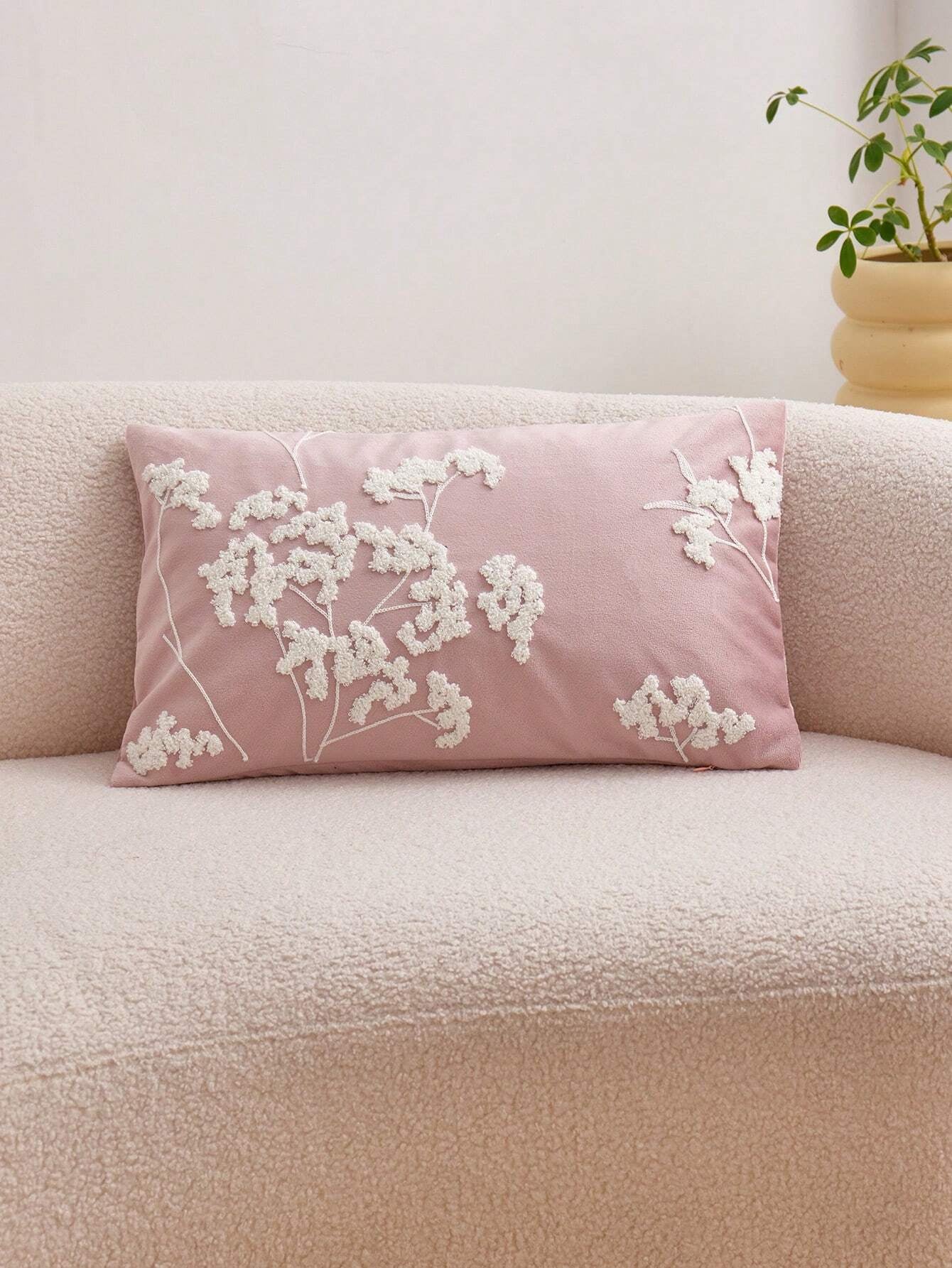 1Pc Pink Floral Embroidered Pillowcase, Suitable for Home Decoration, All-Season Decorative Pillow Cover