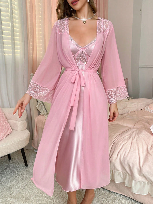 Elegant Satin Lace Long Robe & Dress Sleepwear Set for Women, Vacation