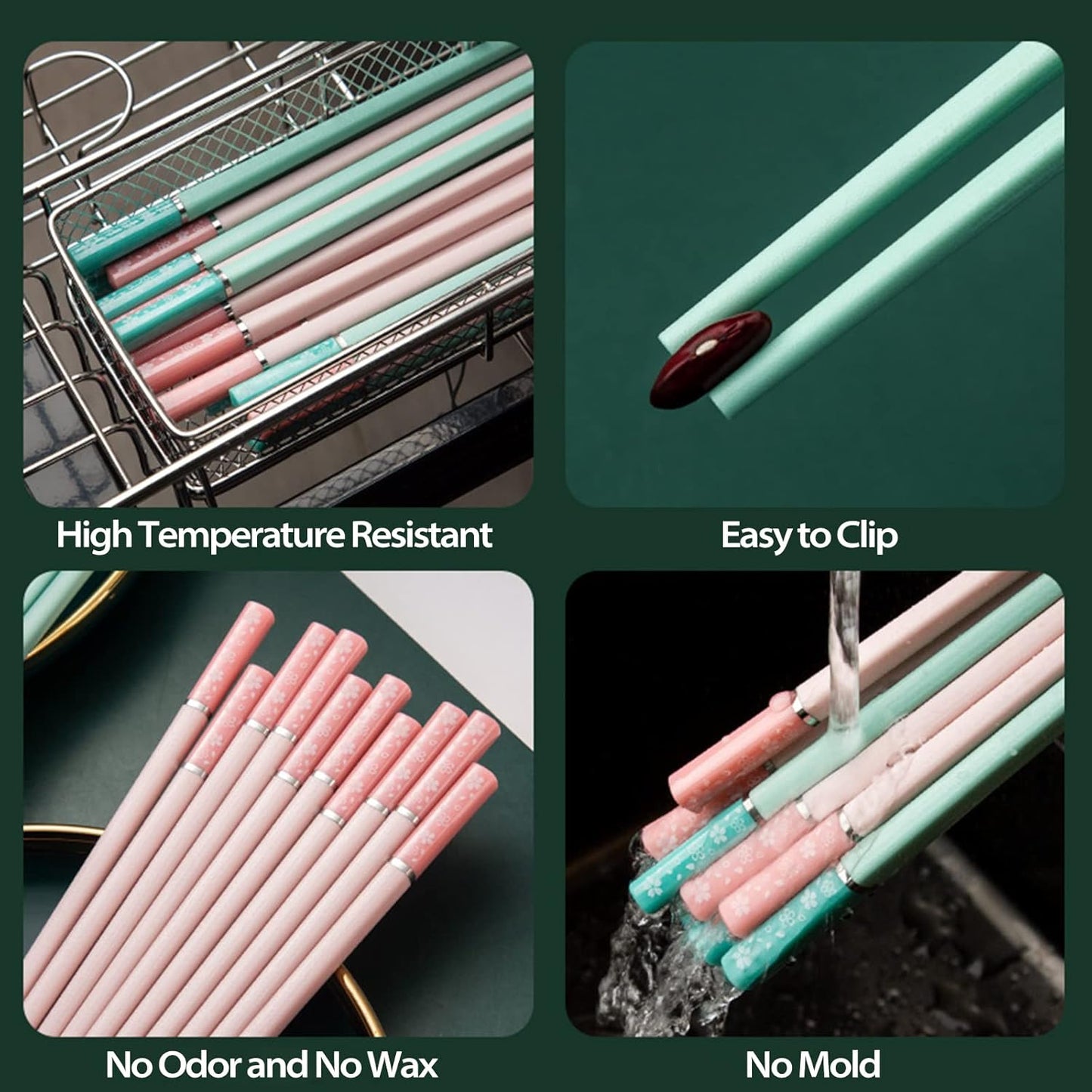 5 Pairs Fiberglass Chopsticks-Reusable Chopsticks Dishwasher Safe, 9.57 Inch/24.3Cm Matte Non-Slip Family/ Hotel/ Restaurant Chop Sticks, Chinese/Japanese Chop Sticks, Pink Sakura