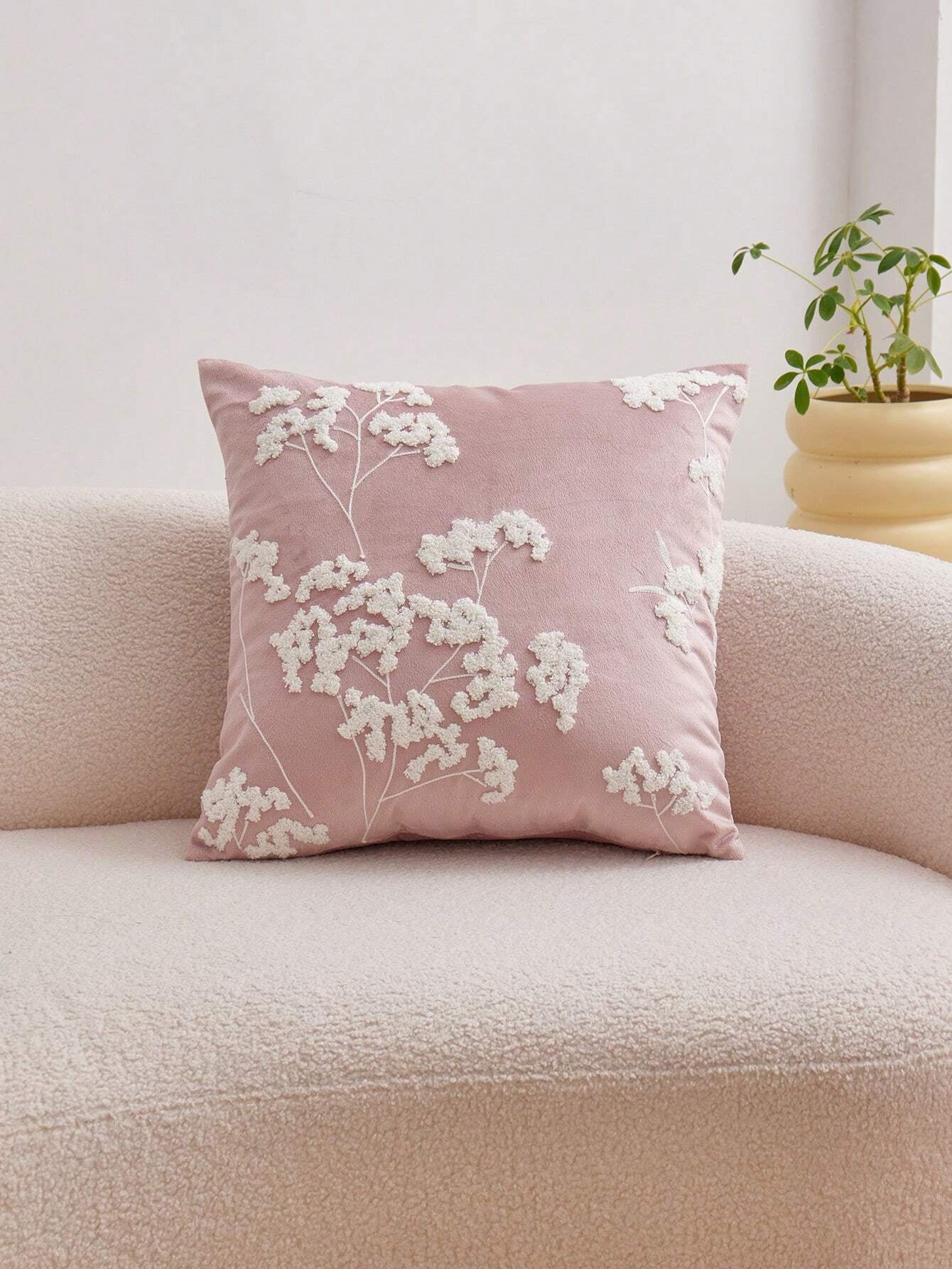1Pc Pink Floral Embroidered Pillowcase, Suitable for Home Decoration, All-Season Decorative Pillow Cover