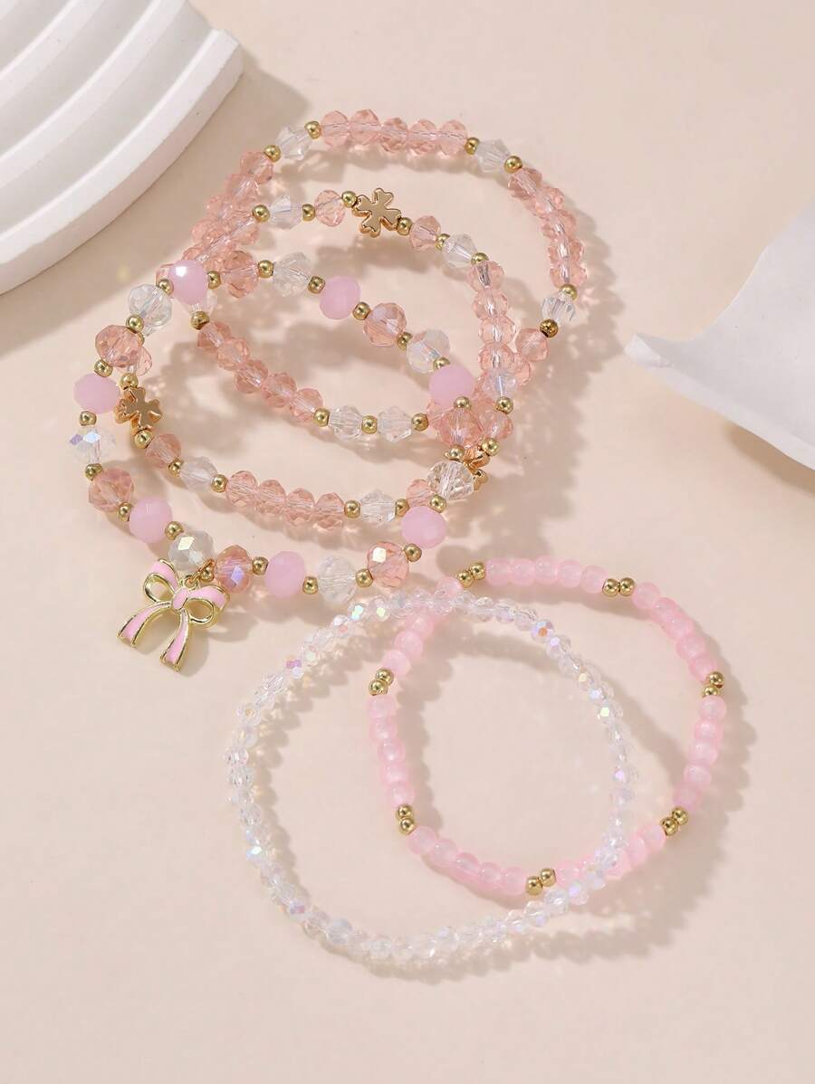 Bow Charm Bead Bracelet Set