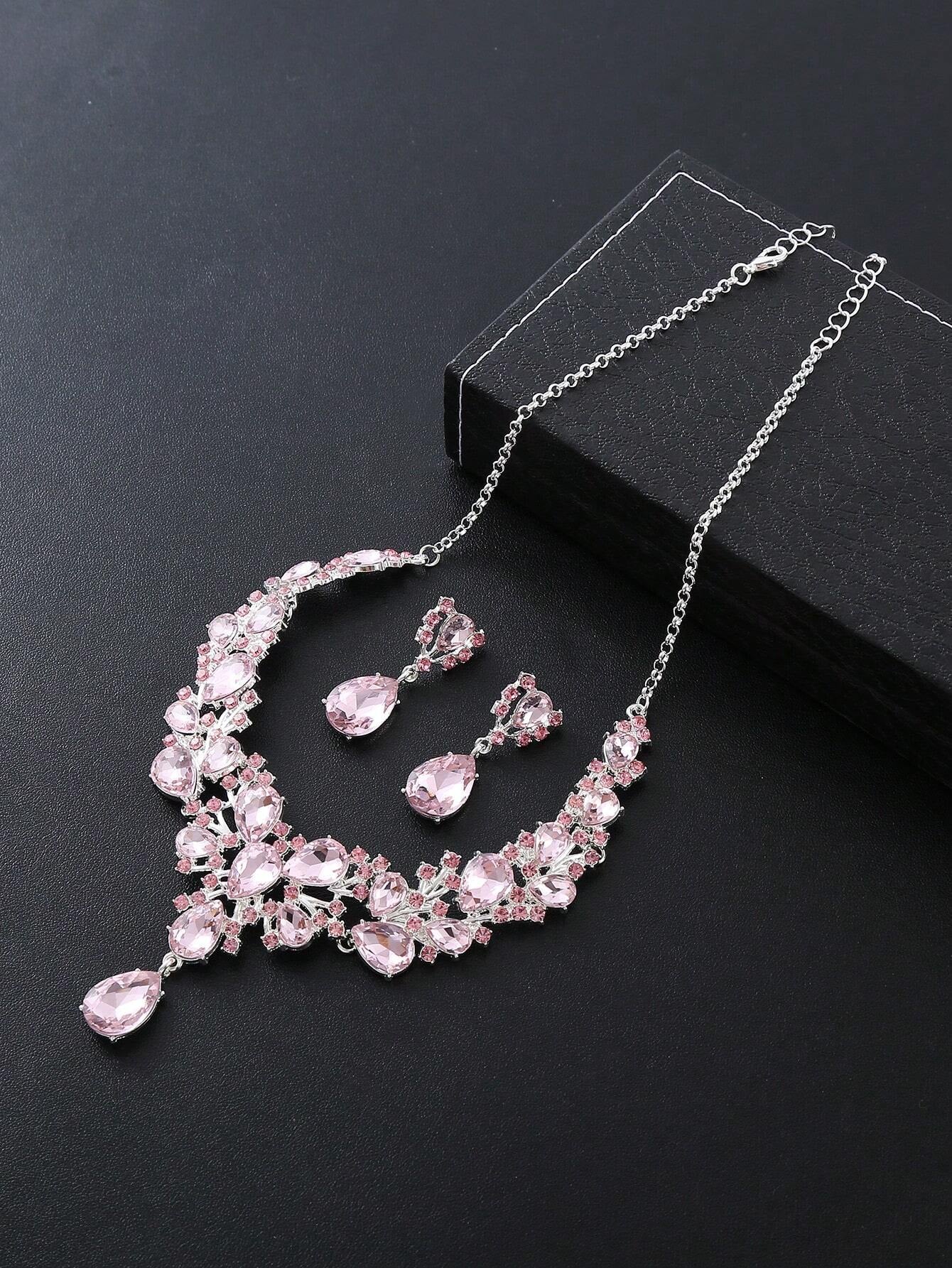 2Pcs/Set Water Drop Design Necklace & Earrings Set Pink