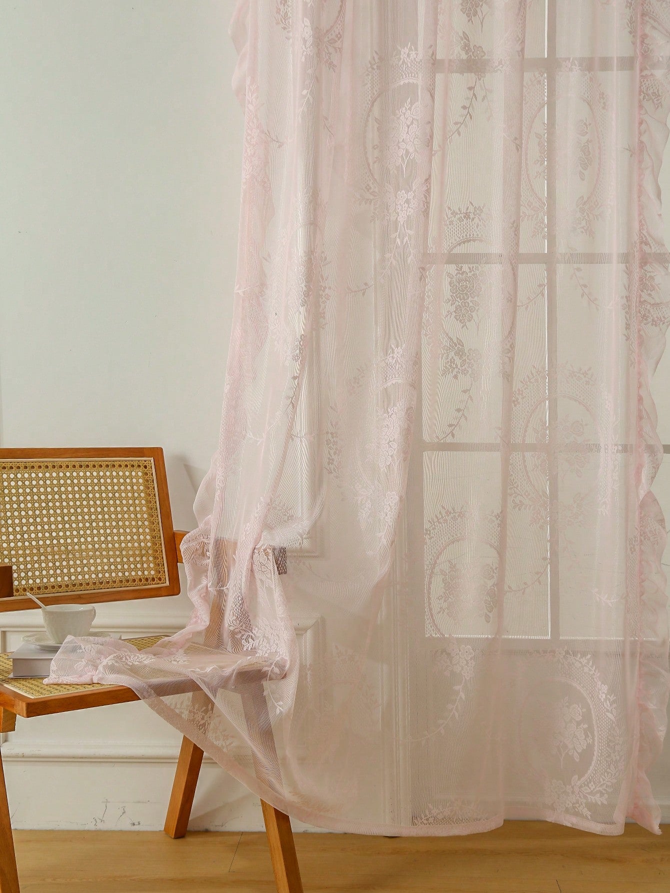 1Pc Pink Circle Eyelet Voile Curtain, French Style Elegant with Ruffle Edge, Suitable for Bay Window, Living Room, Bedroom, Office, Kitchen, Study Room, Home Decor