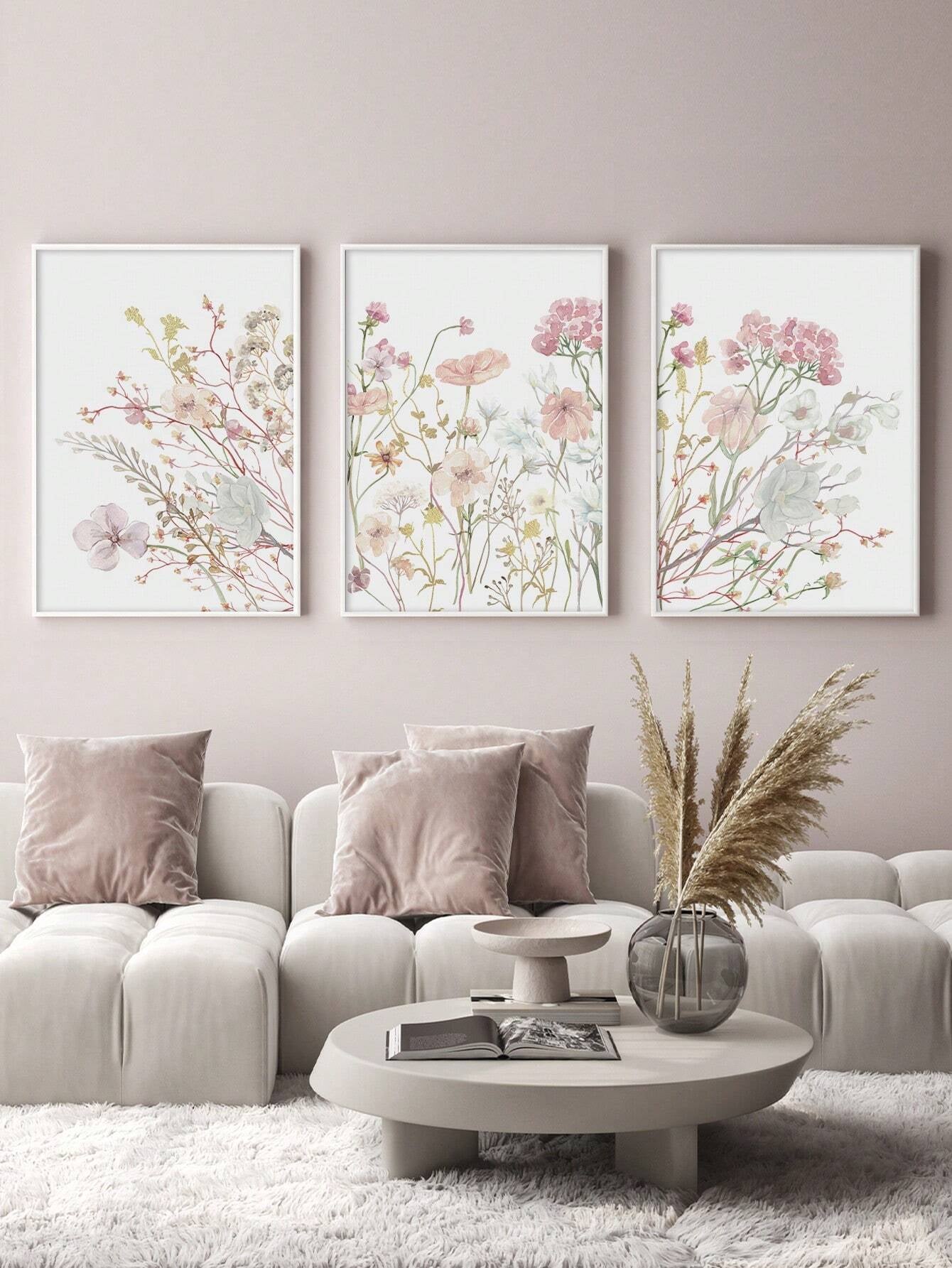 3 Pieces Wildflowers Canvas Poster Pink Floral Canvas Poster Botanical Wall Art Nordic Print Picture Girls Bedroom Print Picture Living Wall Office Apartment Decor No Frame Gifts Birthday Graduation