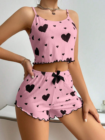 Women Home Wear Heart Print Cami Top and Shorts Pajama Set