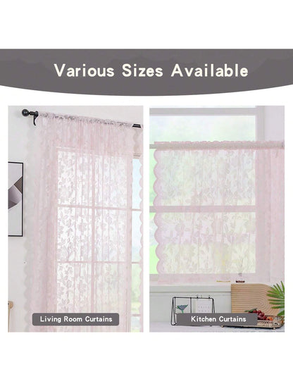 2Pcs LOTTIE Floral Pattern Pink Lace Sheer Curtains, Rod Pocket, Light Filtering, Elegant, No Ironing Needed, Machine Washable, Suitable for Living Room, Study, Dining Room, Kitchen, Wardrobe Decoration
