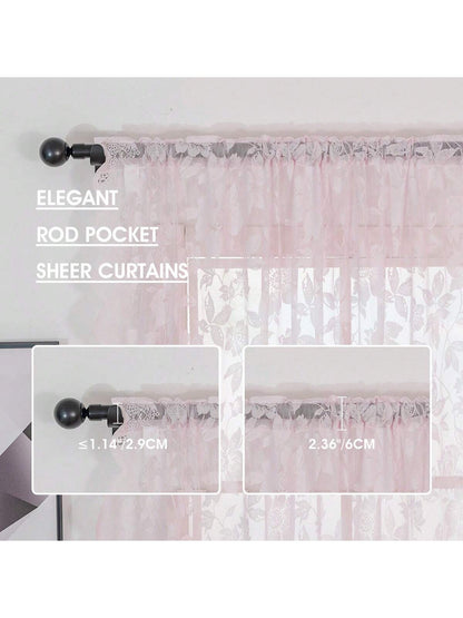 2Pcs LOTTIE Floral Pattern Pink Lace Sheer Curtains, Rod Pocket, Light Filtering, Elegant, No Ironing Needed, Machine Washable, Suitable for Living Room, Study, Dining Room, Kitchen, Wardrobe Decoration