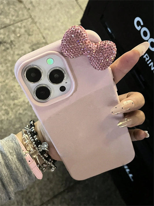 Apple Luxury Rhinestone Bow Litchi Pattern Phone Case Compatible with Iphone 16 15 14 13 12 11 Pro Max X XR Cute Bowknot Shockproof Cases