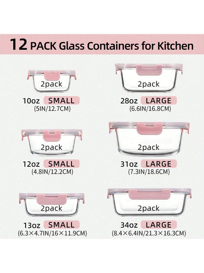 24PCS (12Containers+12Lids) High Borosilicate Glass Food Storage Containers Set, Glass Food Meal Prep Containers with Leakproof Airtight Lids, Perfect for Lunch, on the Go, Leftover, Kitchen Pantry Organizers and Storage
