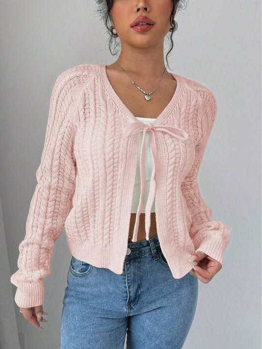 Chiquease French Casual Versatile Wheat Ear Textured Bowknot Front Long Sleeve Pullover Cardigan for Women,Long Sleeve Tops