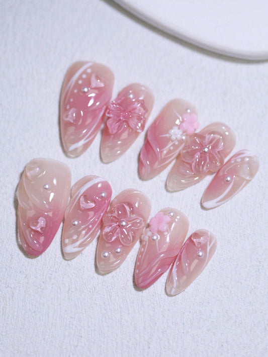 3D Floral Nail Decoration Ombre Rose and Nude Color French Style Manual Nails 100% Handmade Press on Nails Almond 10Pcs Fake Nail Tips Reusable DIY Nail Art Design Nail Products for Women and Girls