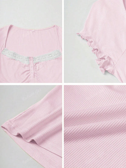 Babehome Summer Women Y2K Sweet Casual Simple Preppy Slim Solid Color Short Sleeve Square Collar Lace Corset