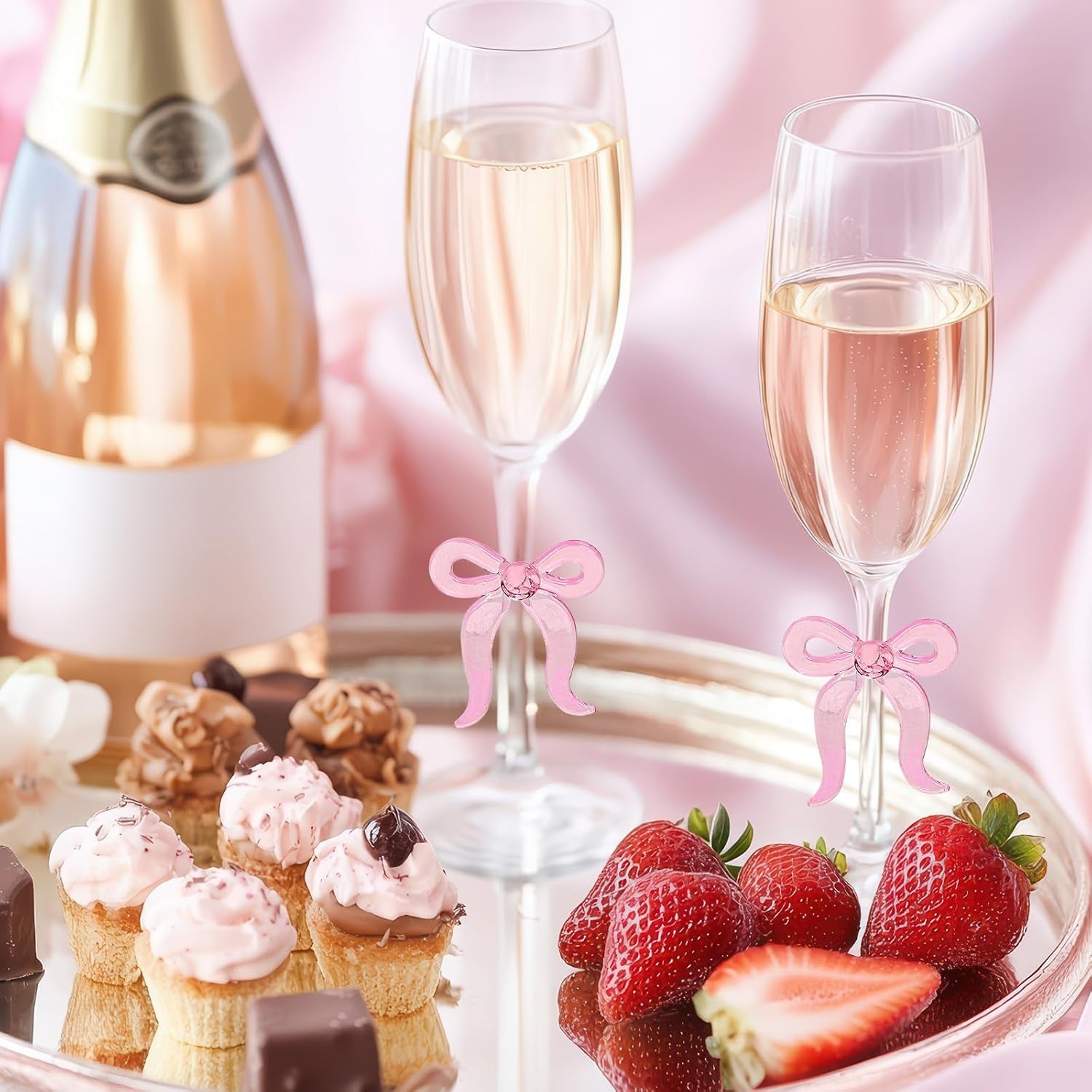 Pink Bow Champagne Glasses Set of 2 Toasting Champagne Flutes Clear Glass Cocktail Wine Cups for Home Bar Wedding Bridal Shower Bachelorette Party