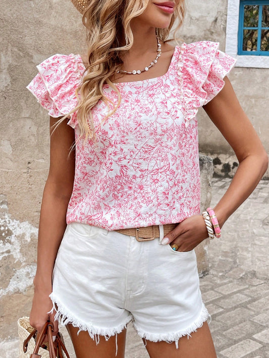 LUNE Women'S Casual Ditsy Floral Print Bow Back Ruffled Short Cap Sleeves Shirt, Daily Wear, Spring/Summer Cute Tops Summer Tops Crop Tops Shirts Women Vacation Outfits Women Going Out Tops