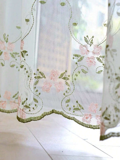 1Pc Pastoral Little Pink Flower Embroidery Sheer Curtains for Daughters Bedroom Vintage Floral Lace Voile Drapes Window Treatment Nursery Decor