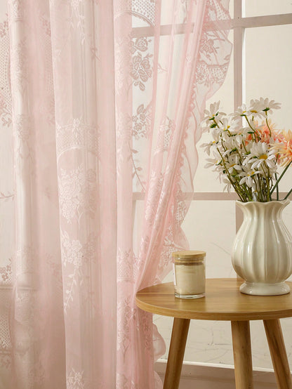 1Pc Pink Circle Eyelet Voile Curtain, French Style Elegant with Ruffle Edge, Suitable for Bay Window, Living Room, Bedroom, Office, Kitchen, Study Room, Home Decor