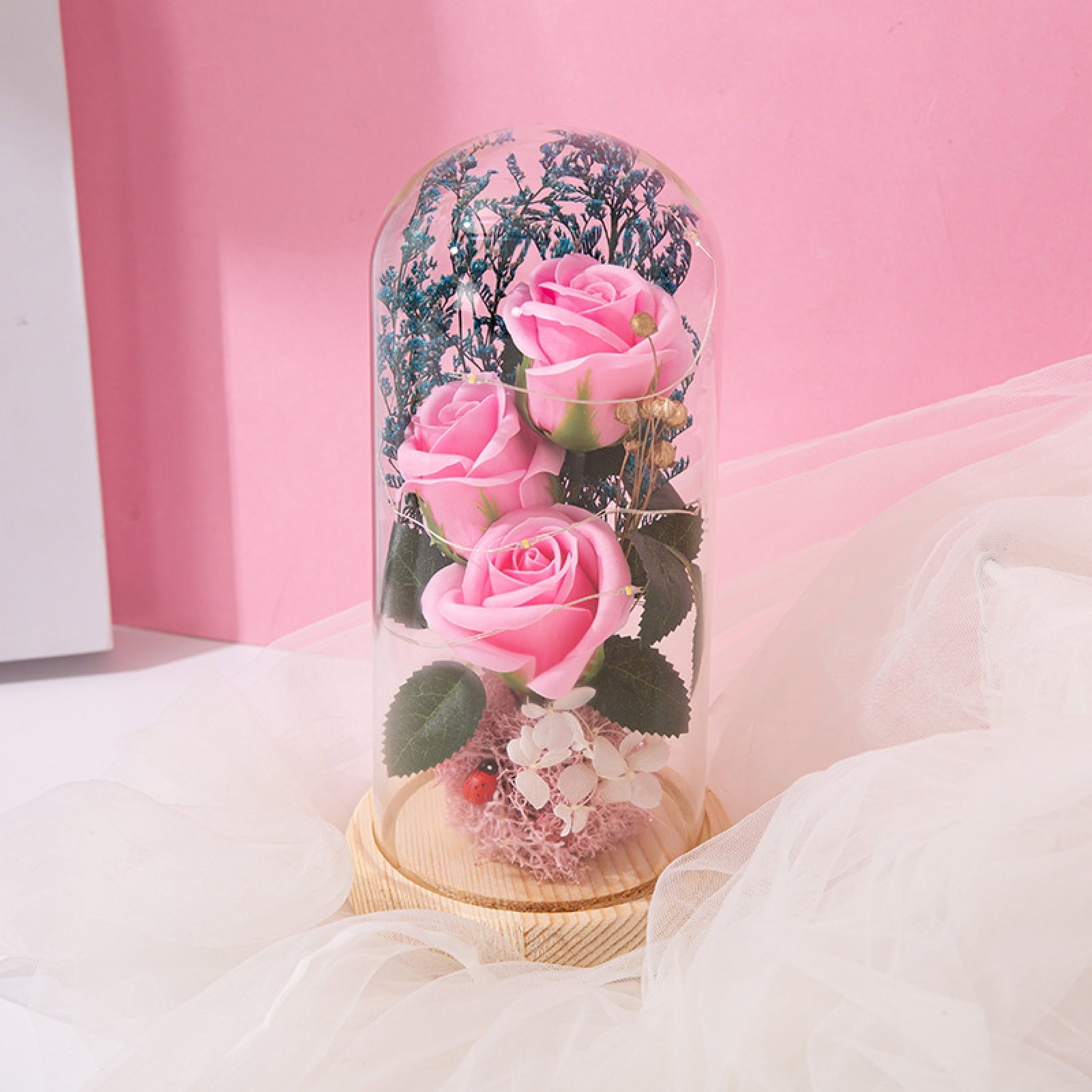 Rose Lamp Simulated Anti-Fading Glass Eternal Artificial Flower Sparkling Light Decor Valentine'S Day Accessories-Pink