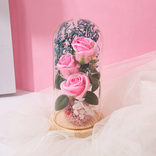 Rose Lamp Simulated Anti-Fading Glass Eternal Artificial Flower Sparkling Light Decor Valentine'S Day Accessories-Pink