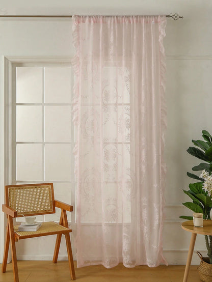 1Pc Pink Circle Eyelet Voile Curtain, French Style Elegant with Ruffle Edge, Suitable for Bay Window, Living Room, Bedroom, Office, Kitchen, Study Room, Home Decor