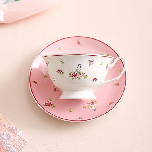 Cute Ceramic Cups with Pink Saucer, 6Oz Rose Rabbit Coffee Mug, Single Elegant Tea Cup Set for Women Gift