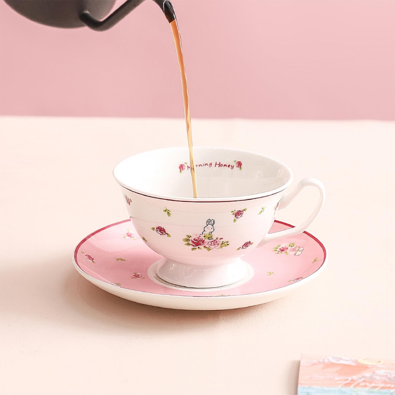 Cute Ceramic Cups with Pink Saucer, 6Oz Rose Rabbit Coffee Mug, Single Elegant Tea Cup Set for Women Gift
