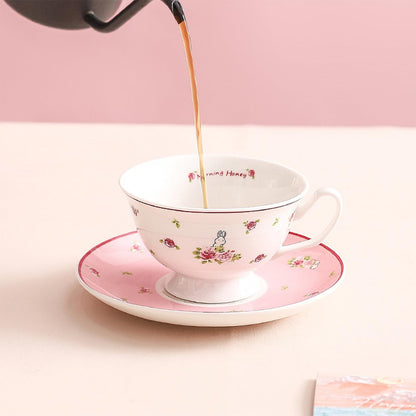 Cute Ceramic Cups with Pink Saucer, 6Oz Rose Rabbit Coffee Mug, Single Elegant Tea Cup Set for Women Gift