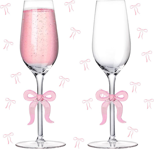 Pink Bow Champagne Glasses Set of 2 Toasting Champagne Flutes Clear Glass Cocktail Wine Cups for Home Bar Wedding Bridal Shower Bachelorette Party
