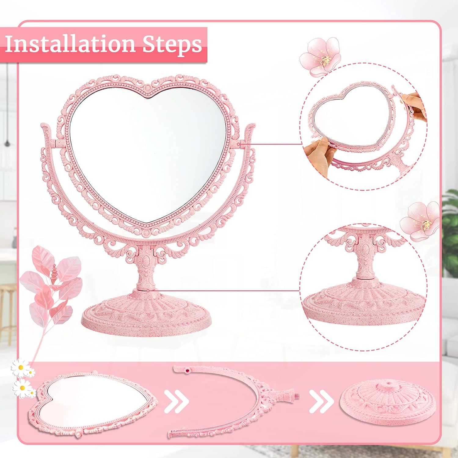 Heart Shaped Mirror Double Sided Dresser Coquette Room Decor Vintage Makeup Cosmetic Mirror for Dressing Bathroom Bedroom(Pink)