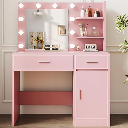 Vanity with Lights, Makeup Vanity with Mirror, 3 Lighting Modes, for Bedroom, Pink by Boahaus