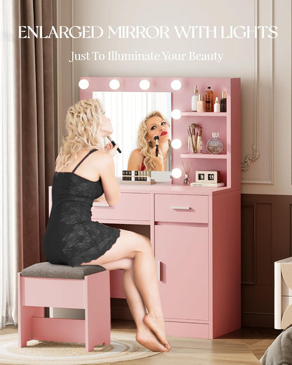 Vanity with Lights, Makeup Vanity with Mirror, 3 Lighting Modes, for Bedroom, Pink by Boahaus