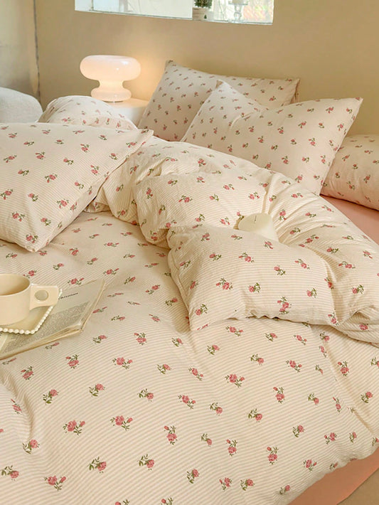 3Pcs/Set Retro Rose Print Bedding Set: 2Pcs Pillowcase +1Pc Quilt Cover (No Bed Sheet)