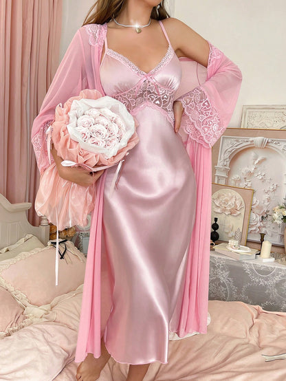 Elegant Satin Lace Long Robe & Dress Sleepwear Set for Women, Vacation