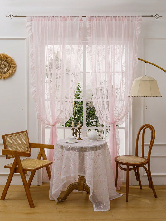1Pc Pink Circle Eyelet Voile Curtain, French Style Elegant with Ruffle Edge, Suitable for Bay Window, Living Room, Bedroom, Office, Kitchen, Study Room, Home Decor