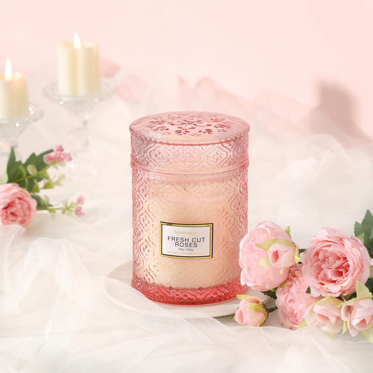 Rose Scented Candles, Valentines Day Candles Gifts for Women, 88 Hours Burning Time, Pink Decorative Glass Candles, Natural Soy Wax for Home Fragrance, 19Oz