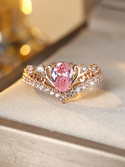 Vanel 1Pc Fashionable Crown Design Pink Cubic Zirconia Ring with Three-Claw Setting for Women, Suitable for Party Decoration, Festival Gift and Valentine'S Day Gift,Mom,Mother,Mother'S Day,Gift