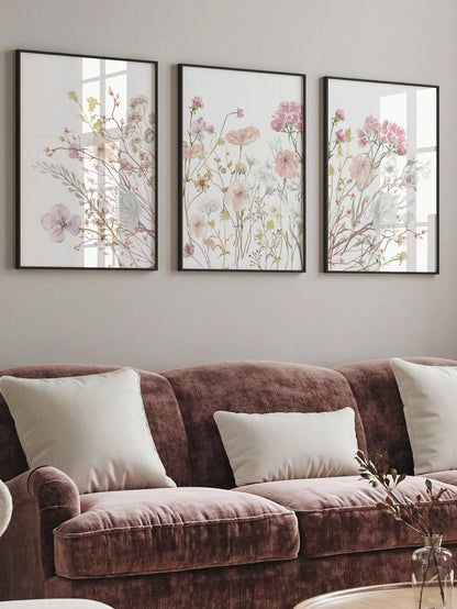 3 Pieces Wildflowers Canvas Poster Pink Floral Canvas Poster Botanical Wall Art Nordic Print Picture Girls Bedroom Print Picture Living Wall Office Apartment Decor No Frame Gifts Birthday Graduation