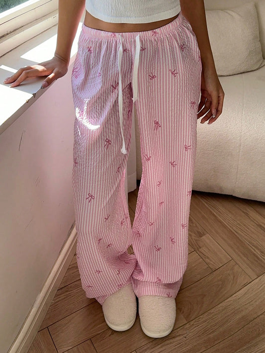Aloruh Elegant Low Waist Sexy Out Comfortable Trousers, Bow Striped Print Versatile Long Pants