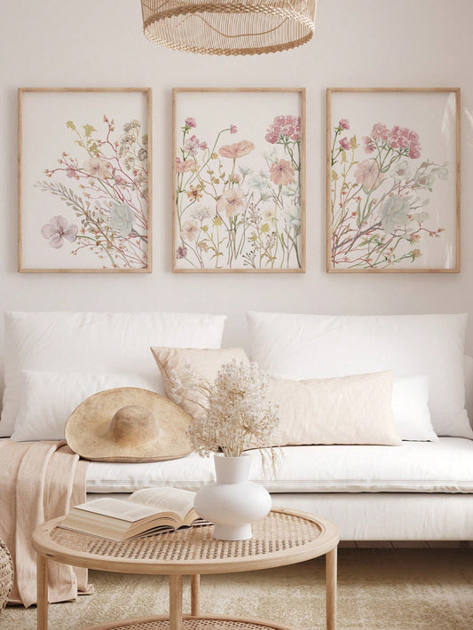 3 Pieces Wildflowers Canvas Poster Pink Floral Canvas Poster Botanical Wall Art Nordic Print Picture Girls Bedroom Print Picture Living Wall Office Apartment Decor No Frame Gifts Birthday Graduation