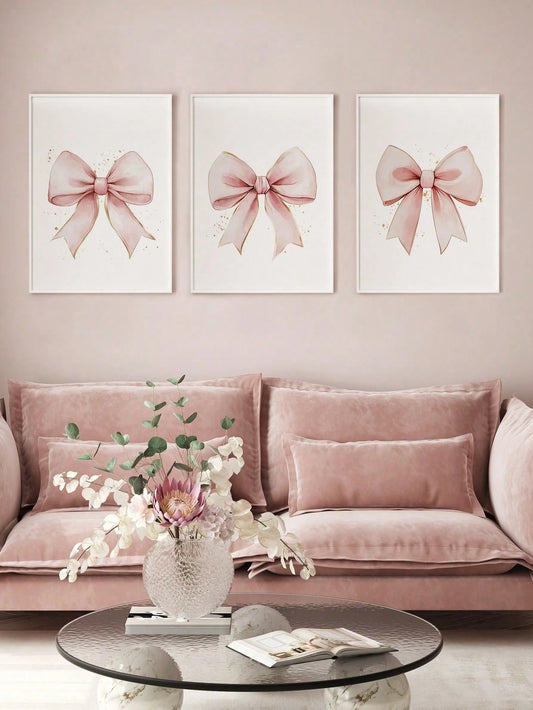 3 Pieces Pink Bows Wall Decor Cream Style Decorative Painting Aesthetic Canvas Hanging Picture Nordic Print Picture Girls Bedroom Apartment Living Room Birthday Present Decor No Frame Gifts Graduation