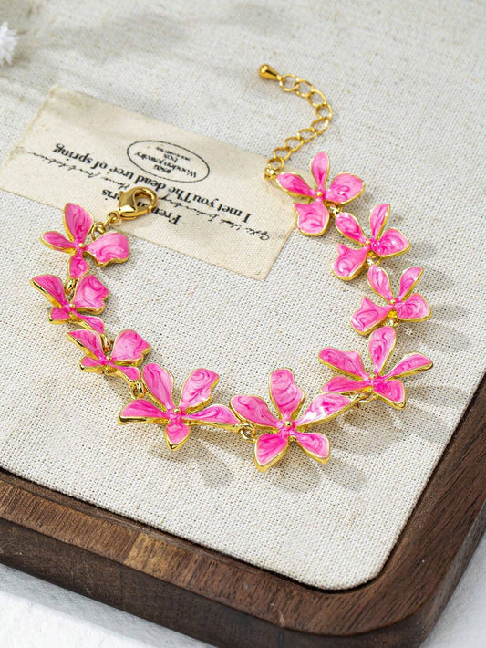 1Pc 18K Gold Plated Enamel Flower Shaped Vintage Elegant High-End Women'S Jewelry Bracelet, Spring/Summer New Arrival Valentines,Mom,Mother,Mother'S Day,Gift